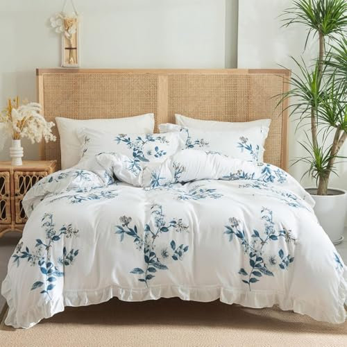 Freyamy Bettwäsche 200x220cm 3teilig Weiß Blau Blumen Rüschen Wendebettwäsche Microfaser Weiche Bettwaren-Sets Romantisch Mädchen Bettbezug mit Reißverschluss und 2 Kissenbezug 80x80cm