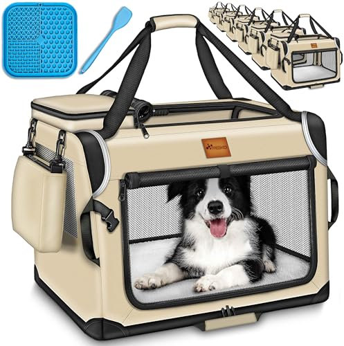 TRESKO® Hundebox faltbar inkl. Leckmatte, Spatel & Reflektoren S 50x34x34cm | Transportbox für Hunde und Katzen | Hundetransportbox Auto für kleine & große Hunde | Hundetasche robust Beige