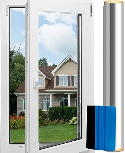 UV-Schutz Sonnenschutzfolie Fenster innen oder außen, Spiegelfolie Selbstklebend Blickdicht von außen, Reflektierende Fensterfolie Selbsthaftend, Silber UV-Schutz Fensterfolie 45 x 200 cm