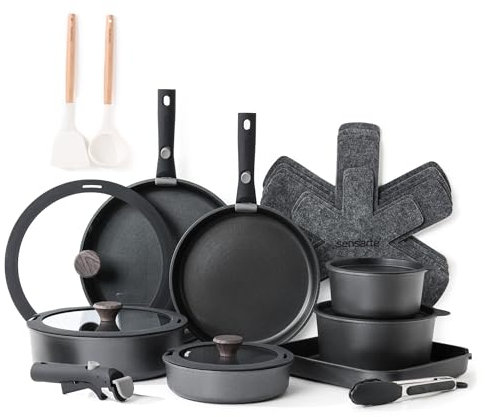 SENSARTE 24 Teiliges Topfset, Pfannenset Antihaft Kochgeschirr mit Abnehmbarem Griff*3, Topfset Induktion Geschirrspüler und Backofenfest, Gesundes Antihaft Wohnmobil Kochgeschirr (Schwarz)