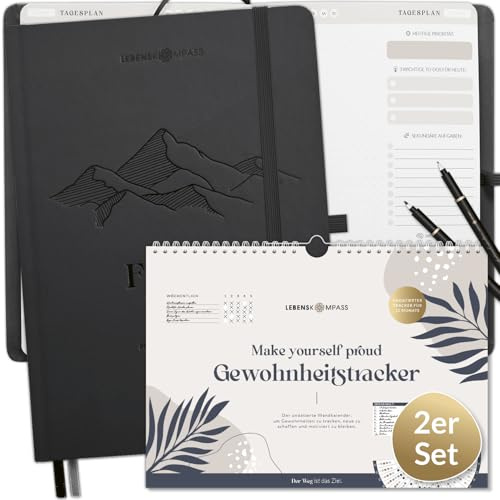 Lebenskompass® Produktivitäts-Set: Undatierter Tagesplaner FOKUS & 12-Monate Habit Tracker – Ideal für Büro & Studium – Mit Remindern, Reflexionsfragen, inspirierenden Zitaten & Tipps