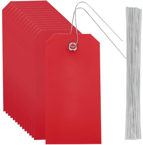 SOFPLATE 100 pieza de Etiquetas Rojas En Blanco, Etiquetas de Envío Impermeables con Alambre de Hierro, Ojal para Colgar, Rectángulo de 4.7 x 2.4 pulgadas, Etiqueta de Identificación de Nombre de PVC