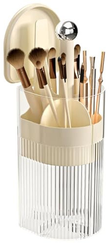 YIEZI Makeup Brush Holder with Lid, One-Hand Press Open/Close Mechanism Cosmetic Tools Organiser, Clear Waterproof Dustproof Make Up Storage for Vanity, Bathroom Countertop-Cream-Silver Ball