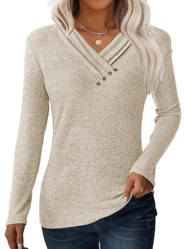 GKBK Women Long Sleeve Tunic Tops for Leggings V Neck Button Down Loose T Shirts 2026 Fall Winter Dressy Business Casual Blouse Pullover Sweatshirt Work Fashion Trendy Sweater Outfit Clothes Khaki M