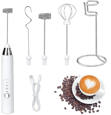 Xynovate Espumador de Leche, USB Recargable batidor de leche electrico 3 Varillas Acero Inoxidable, Regulable en 3 Velocidades, Fácil Limpieza, Batidora de Leche Portáti, Blanca