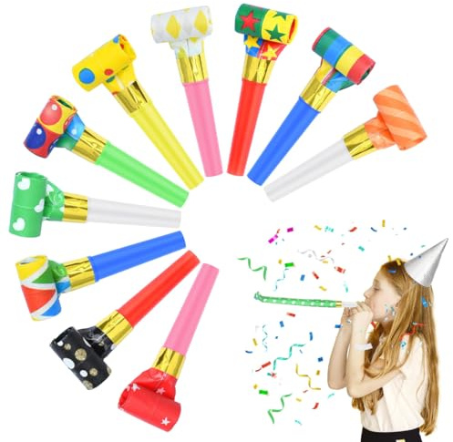 CATZUM 10 Pezzi Trombette per Feste, Giocattoli Bambini, Rumorosi in Plastica, di Carta, Adatto per Compleanni, Capodanno, Lauree, Carnevale e Fischietti, Colore Casuale (Multicolore)