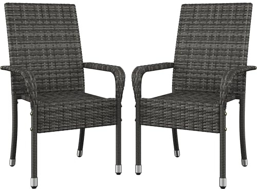 Yaheetech Set med 2 plastrattan trädgårdsstolar, stapelbara, rottingstolar, stapelstol med armstöd och ryggstöd, rottingstol, balkongstol med justerbara skyddsfötter för trädgård, balkong, terrass