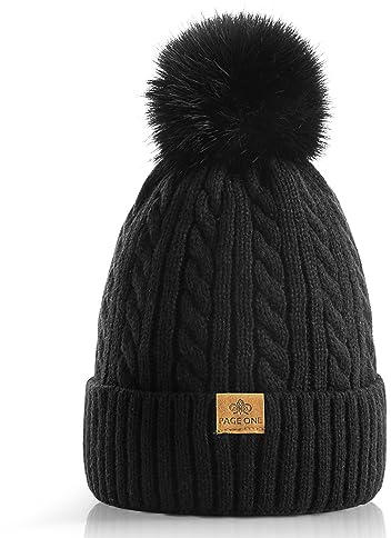 PAGE ONE Women Winter Pom Pom Beanie Hats Warm Fleece Lined,Chunky Trendy Cute Chenille Knit Twist Cap
