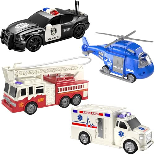 TEMI 4 Stück Fahrzeug Spielzeug für Kinder, Rettungshubschrauber, Polizeiauto, Feuerwehrauto, Krankenwagen, Auto Spielzeug für Kinder, Geschenk Jungen und Mädchen 3 Jahren