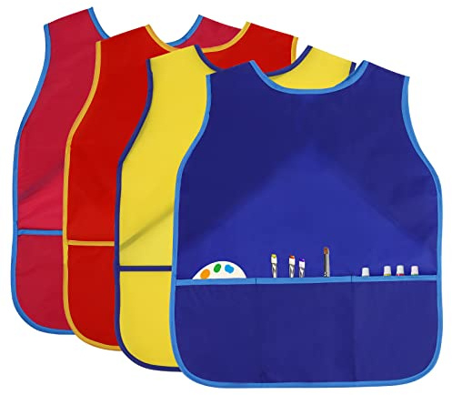 BAHABY 4-Piece Kids Art Smocks - Waterproof Painting Aprons with Pockets, 3-8 Years, 4 Colors