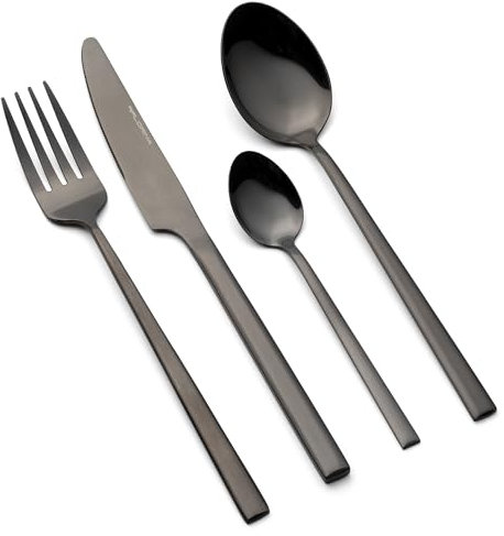 Florina Edelstahl Besteckset 24-teilig für 6 Personen I Essbesteck RITZ I Komplettset Gabel Messer Tafellöffel Teelöffel I Tafelbesteck I Besteckset I Spülmaschinenfest I Farbe: Schwarz