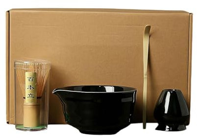 CTDWNT Matcha-set, matchskål med pip och visp, traditionell japansk match teset, bambu matcha visp, traditionell skopa, keramisk matcha-skål, japansk tesats (svart)