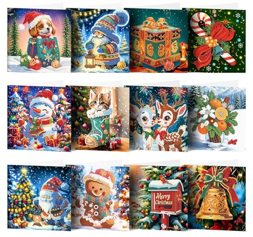 HNLMZ 5D Diamond Painting Cartes Noel,12 Pièces Carte Cadeau de Noël avec Enveloppe,5D DIY Diamant Cartes de Noël,Diamond Painting Noel Cartes Postales pour Offrir à la Famille et aux Amis (B)