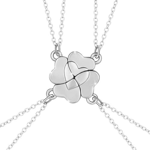 Quadrifoglio Collana Dell Amicizia per 4 Ragazze, Bff Collane con Ciondolo Cuore, Best Friends Collane Magnetiche, San Valentino Amicizia Gioielli Regali per Bambini Donne Amici Sorelle, Argento