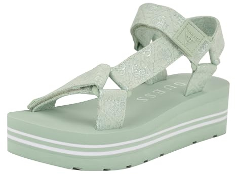 Guess Women's Avin Sandal, Light Green/White Logo 330, 7.5