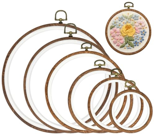 6 Pcs Multi-Size Round Embroidery Hoops - Frame Circle from 3.6 in to 9.7 in Cross Stitch Display Rubber Hoops Ring, Imitated Wood Frame Kits for DIY Craft Sewing & Hanging Ornaments