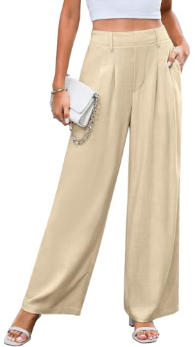 CMTOP Pantalon Lin Femme Été Large à Jambe Droite Ample Décontracté Fluide Taille Haute avec Cordon de Serrage Elastique et Poches