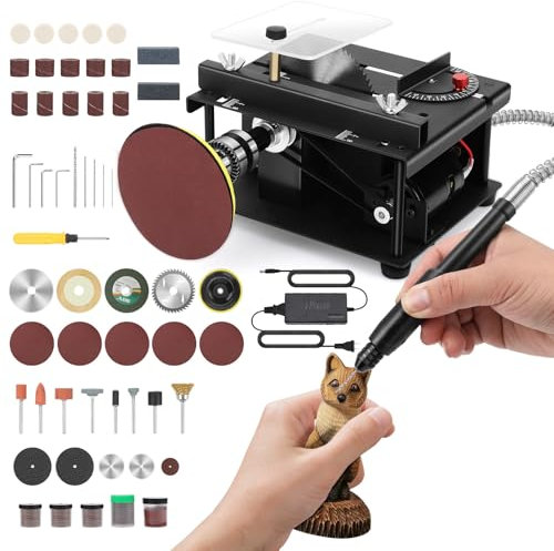 Mini sierra de mesa, 100 W, portátil, pequeña, de escritorio, velocidad y ángulo ajustables, profundidad de corte de 30 mm, sierra de mesa de precisión con lijadora de banda para manualidades de