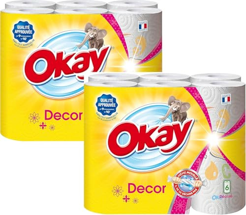 Okay Décor – Papier Essuie-Tout Blanc, 12 Rouleaux (2 x 6) – Résistant, Absorbant, Compostable et Économique – Offre Spéciale