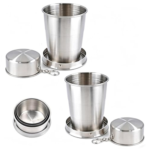 PHMING 2er Set Faltbecher Edelstahl 150ml, Edelstahlbecher mit Deckel | Zusammenklappbare Metallbecher für Outdoor, Camping, Reisen & Wandern