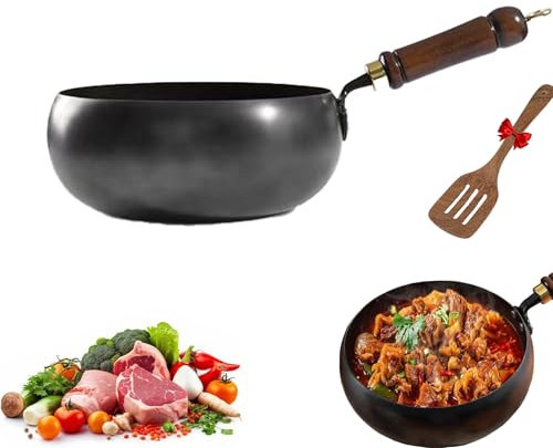 Casserole en fer forgé à la main,Poêle en fer non revêtue, récipient de cuisson polyvalent pour mijoter et frire à haute température (Couvercle non inclus, 28CM)