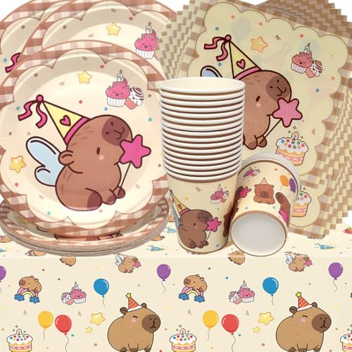 Capybara Cumpleaños Decoración, Doyomtoy Wasserschwein-Delfin Partygeschirr Geburtstagsteller Tassen Servietten Safari Geburtstag für Kinder Babyparty Deko 20 Gäste