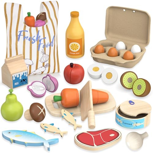 JOYSINTOY Frutas y Verduras Juguete, Comida Juguete Cocinita de Madera para Niños, Accesorios Cocina Juguetes de Educativos Montessori para Regalo de Cumpleaños para Niños y Niñas de 3, 4 y 5 Años