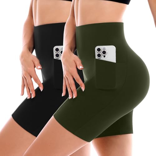SINOPHANT Confezione da 2 pantaloncini da ciclismo da donna con tasche, a vita alta, per biker, yoga, corsa, palestra, allenamento, burrosi, morbidi, atletici, Nero/Verde militare, L/XL