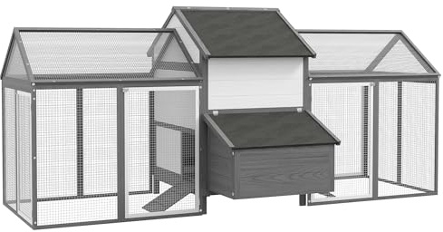 PawHut Poulailler en Bois avec 2 enclos modulables, Cage à Poules, 1 Niche abritée, 1 pondoir, tiroir à déjection, perchoir Multi-équipement et Rampe, 247 x 118 x 113,5 cm, Gris