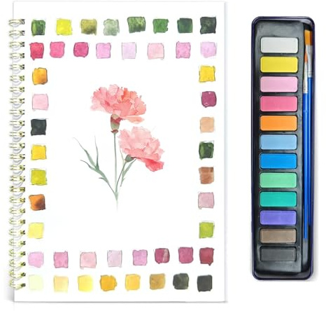 yolzhxe Watercolor Workbook, 12 Couleurs Cahier Aquarelle avec Pinceau Aquarelle, 22 x 16 cm Cahier D'aquarelle, Instructions étape par étape, pour Débutants Enfants Adolescents Adultes