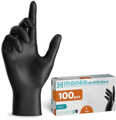maneo 100 guanti monouso neri taglia L, guanti in nitrile senza polvere e senza lattice, articoli in gomma monouso resistenti per pulizia, cucina e uso domestico