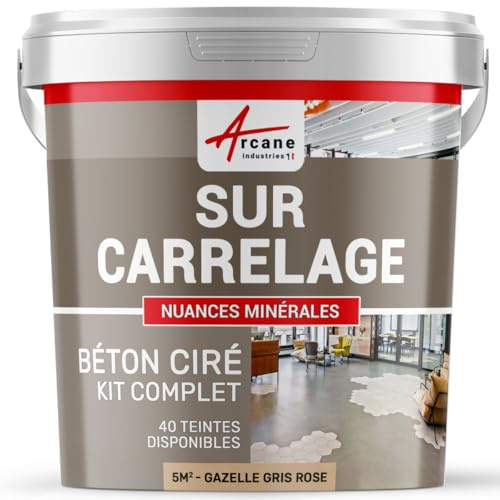 Béton ciré sur carrelage, cuisine, salle de bain, mural, sol, plan de travail, revêtement décoratif douche en kit - 5 m² (en 2 couches) Gazelle Gris Rose - ARCANE INDUSTRIES