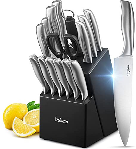 Knife Set, 16 Piece Kitchen Knifes Set with Block Wooden, German High-Carbon Stainless Steel Chef Knife, Steak Knives, Meat Scissors, Knife Sharpener by Yabano