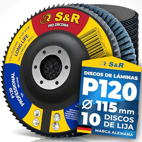 S&R Discos de Láminas Abrasivos Amoladora 115mm Grano 120 Discos de Lija Metal, Acero Inox, Madera