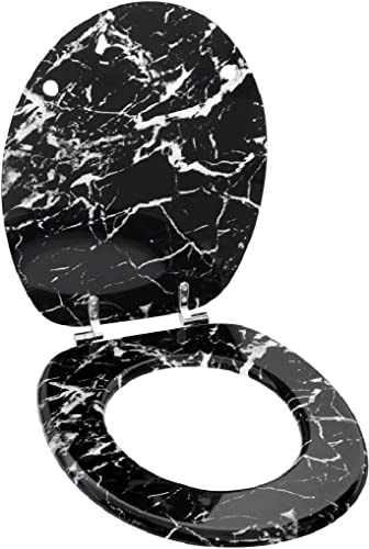 Optimal Products Anti-Bacterial Coating Marble Effect Toilet Seat Loo Seats No Rust Stainless Steel Hinges Slow / Soft Close (Black)