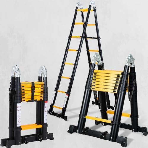 SWANEW Escalera telescópica de Aluminio de 5M(2.5+2.5M), Escalera Plegable Antideslizante, Escalera Extensible Multiusos, Escalera doméstica de 150 kg de Capacidad de Carga - Negro