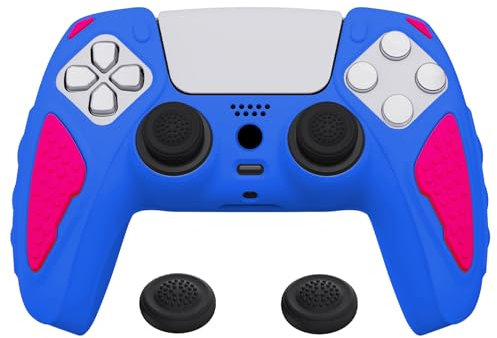 PlayVital Funda de Silicona para ps5 Mando - Carcasa de Goma Antideslizante con Tapas para Pulgar, Protector Tacto Suave, Accesorio para ps5 - Edición Knight (Azul Primario & Rosa Brillante)