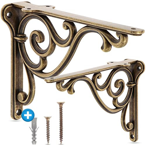 UTiLE 2 Stück Bronze Metall 200mm Regalträger mit Schrauben Winkel Regal Regalhalterung 90 grad Schwerlastkonsole für Wandmontage, Bücherregale, Garten, Küche, Bad und Garderobe (Tragkraft: 30KG)