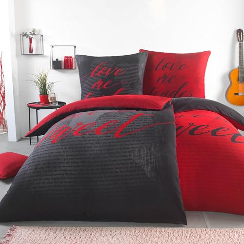 BaSaTex Microfaser Partner Bettwäsche mit Wendemotiv | 2X 155x220 Bettbezug + 2X 80x80 Kissenbezug | Mikrofaser Bettwäsche Set 4 teilig für Paare | Design: Love me Tender