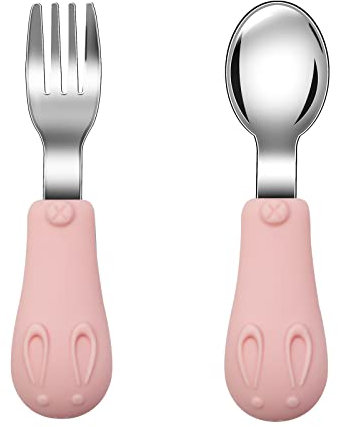 Kinderbesteck Baby, Mit Silikon Griffe Für Baby Kleinkind Esslernbesteck, selbsternährender Löffel und Gabel aus Edelstahl, Kinderbesteck zum Entwöhnen und Erlernen der Verwendung (2er-Pack)