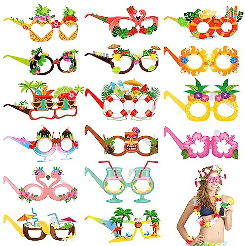 TOPJOWGA 16 Pares Papel Gafas de Sol de Fiesta Hawaianas, Divertidas Gafas Sol Hawaianas, Gafas de Sol Tropicales, Novedad Gafas de Sol, Gafas Hawaianas Divertidas Foto Props Accesorios