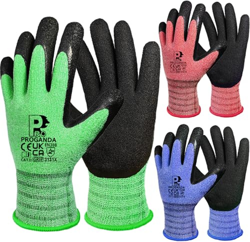 PROGANDA 3 Pairs Gardening Gloves for Men Women, Superior Grip Latex Coating Work Gloves Colourful Comfortable Breathable Lightweight, Garden Construction Car Outdoor