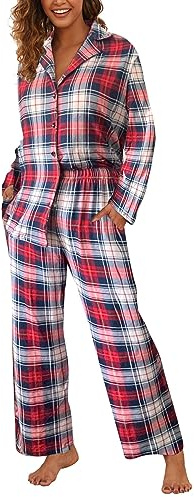 Famulily Set pigiama da donna a maniche lunghe a quadri, set di abbigliamento da casa con top abbottonato e pantaloni a gamba larga S-XXL, Colore: rosso, XL