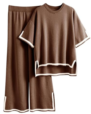 Famulily Loungewear Set Women Soft Pyjamas Set Summer Pjs Set Short Sleeve Sleepwear BrownXL