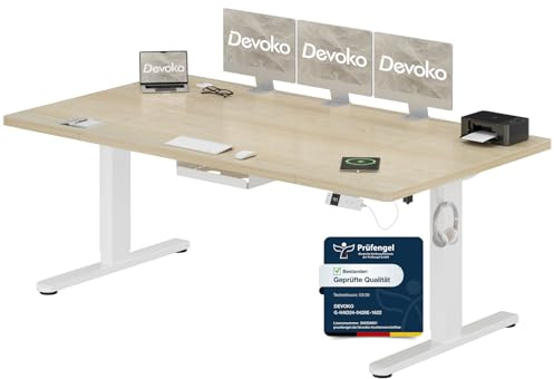Devoko Höhenverstellbarer Schreibtisch 180x80cm mit Typ-C Ladeanschluss, Schreibtisch Höhenverstellbar Elektrisch, Mobiler Elektrisch Computertisch mit Kabel Management Tray, Eiche