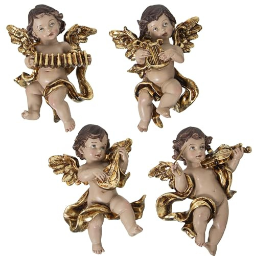 DRW Set di 4 figure di Angeles musicisti da appendere in beige e oro 5 x 9 x 12 cm