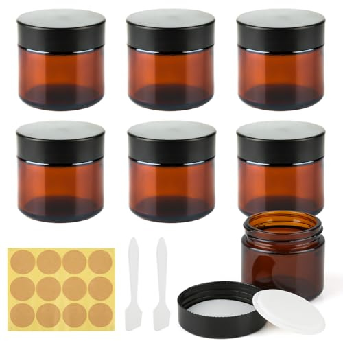 RVLZKCPG 60 ml bärnstensfärgade glasburkar 6-pack, UV-skydd - tom kosmetisk behållare, påfyllningsbara glas resebehållare ljusburkar för krämer och lotioner