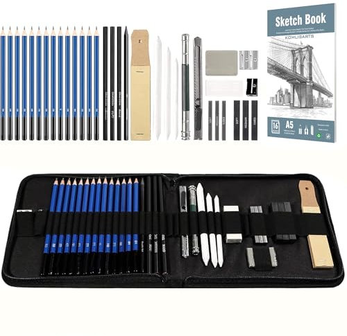 KOMLISARTS KOMLISATS Zeichnung und Kunst Supplies Kit - Colored Sketching Art Pencil Set Skizzenbuch und Wasser Farbbuch - Enthält Graphit, Aquarell, Metallic, und Öl-Basis farbigen Stiften (Black)