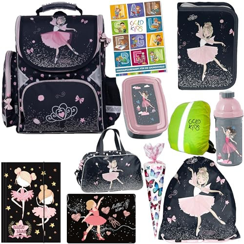 Goldkids - Schulranzen für Jungen und Mädchen - Schul-Rucksack für Kinder mit Federmäppchen - Schuhbeutel, Brotdose, Trinkflasche Sporttasche Sammelmappe Malunterlage - Ballerina Motiv - 1-3 Klasse