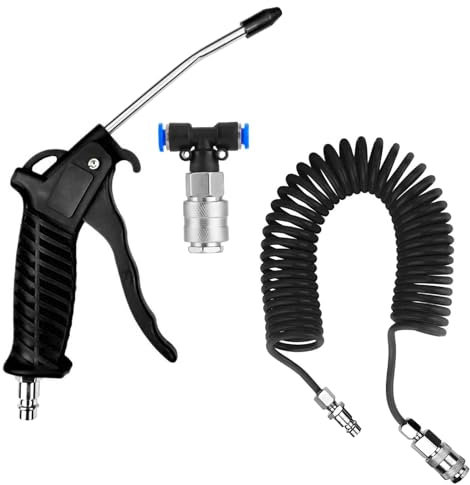 Pistolet à air comprimé pour camion avec tuyau spirale de 5 m, pistolet de soufflage Air Duster avec raccord rapide en T, pour camion, voiture, bateau (noir)